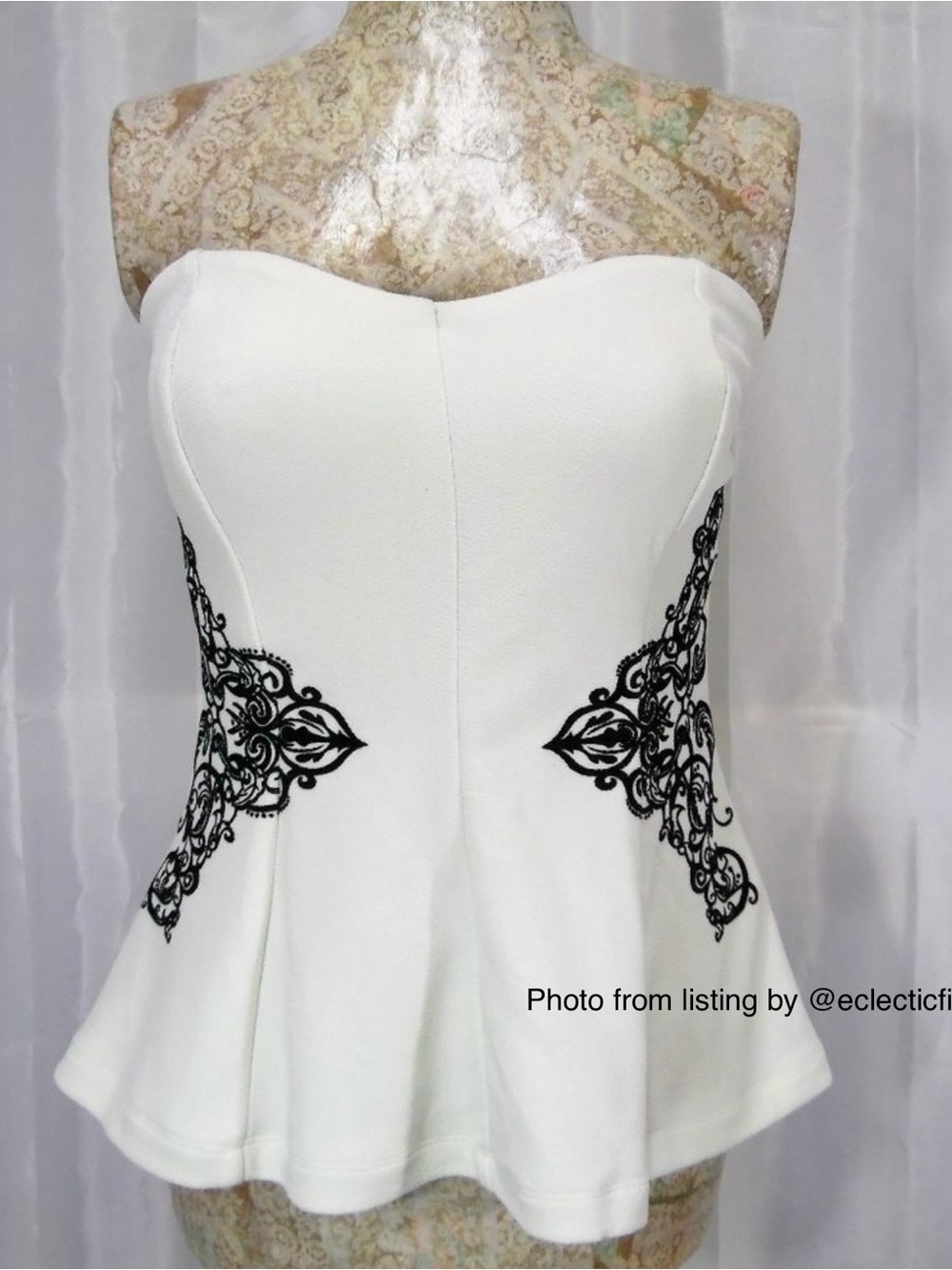 Monroe & Main White Strapless Peplum Top with Black Lace Appliqué